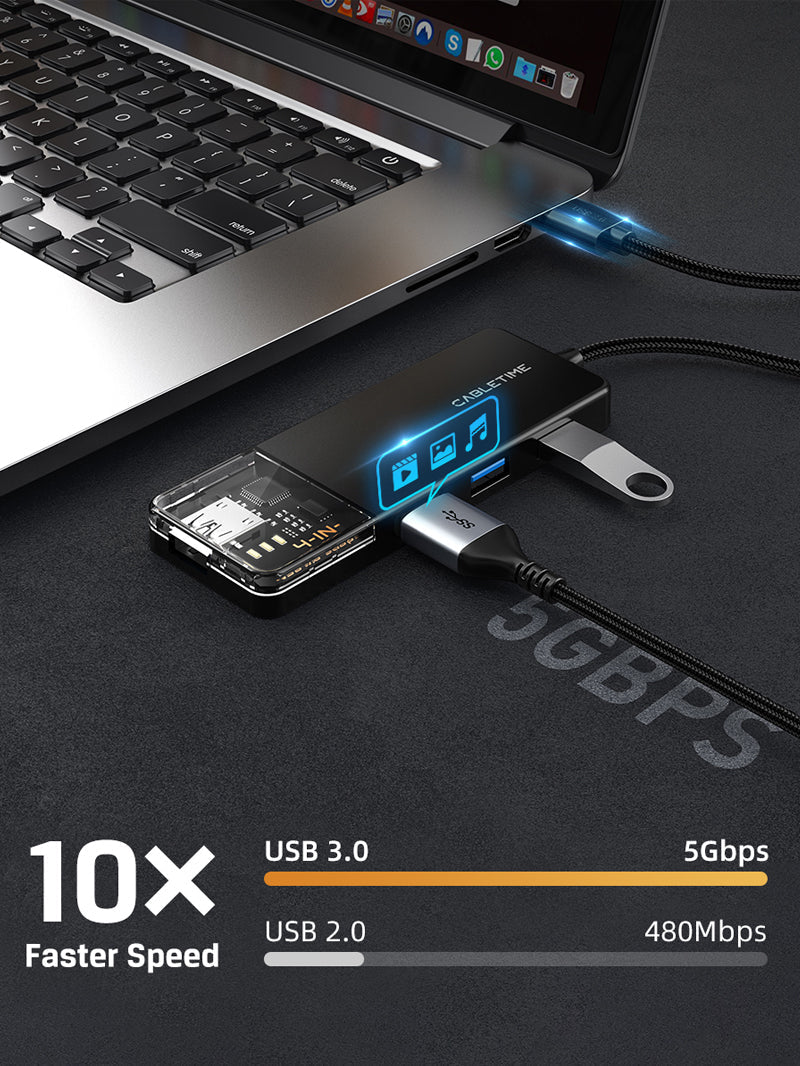 CABLETIME 4-Port USB-A 3.0 Hub SuperSpeed 5Gbps with USB-C Power Supply | CT-HUBT1-PB / CT-HUBT2-PB