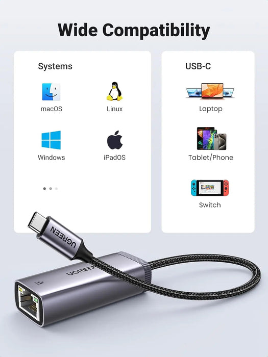 UGREEN USB C to Ethernet Adapter Gigabit 1000 Mbps LAN Network RJ45 Internet Nintendo Switch Laptop MacBook Surface (40322)