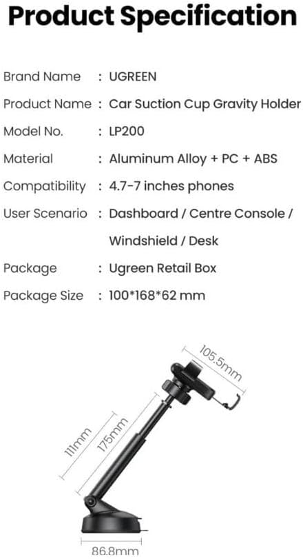 UGREEN LP200 60990B gravity suction cup car phone holder with telescopic arm product specification