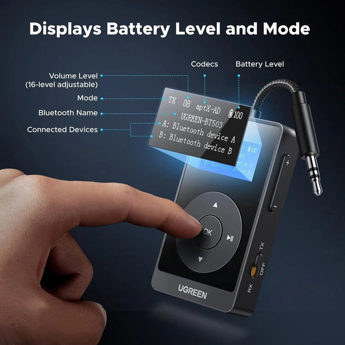 UGREEN Bluetooth 5.3 Transmitter Receiver aptX Low Latency 2-in-1 Wireless Audio Adapter TV Car Stereo Headphones (45492)
