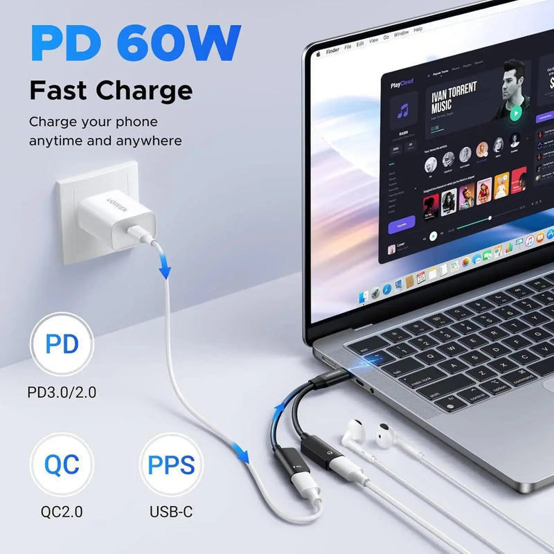 UGREEN Magnetic USB C Splitter 1 to 2 Dual Port Headphone Charger Type-C Audio Adapter Charge Listen Simultaneously (45800) Ugreen