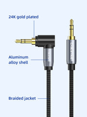 CABLETIME 3.5mm Male-to-Male Stereo AUX Cable with 90° Right-Angle Plug, Gold-Plated Connectors & Nylon Braid – 1m to 5m