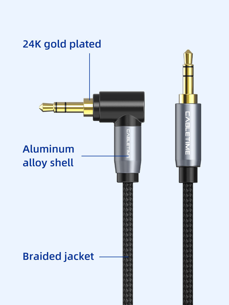 CABLETIME 3.5mm Male-to-Male Stereo AUX Cable with 90° Right-Angle Plug, Gold-Plated Connectors & Nylon Braid – 1m to 5m