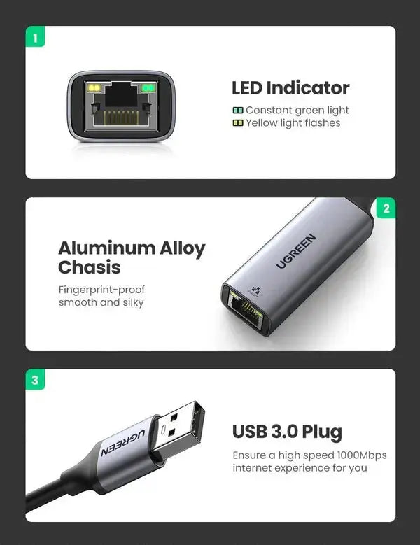 UGREEN USB Ethernet Adapter Aluminum USB 3.0 Gigabit RJ45 LAN 1000Mbps Nintendo Switch MacBook iMac XPS Surface Grey (50922) Ugreen