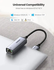 UGREEN USB Ethernet Adapter Aluminum USB 3.0 Gigabit RJ45 LAN 1000Mbps Nintendo Switch MacBook iMac XPS Surface Grey (50922) Ugreen