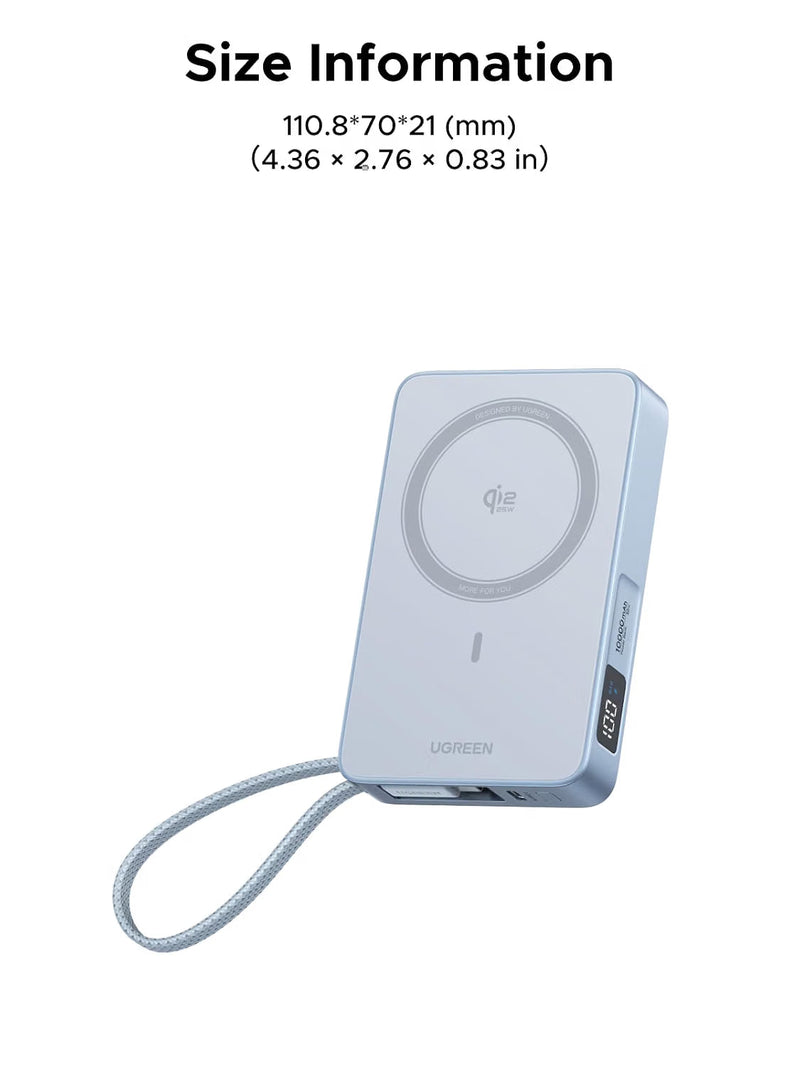 UGREEN MagFlow 65958B 10000mAh Qi2 25W magnetic power bank with built-in cable size information