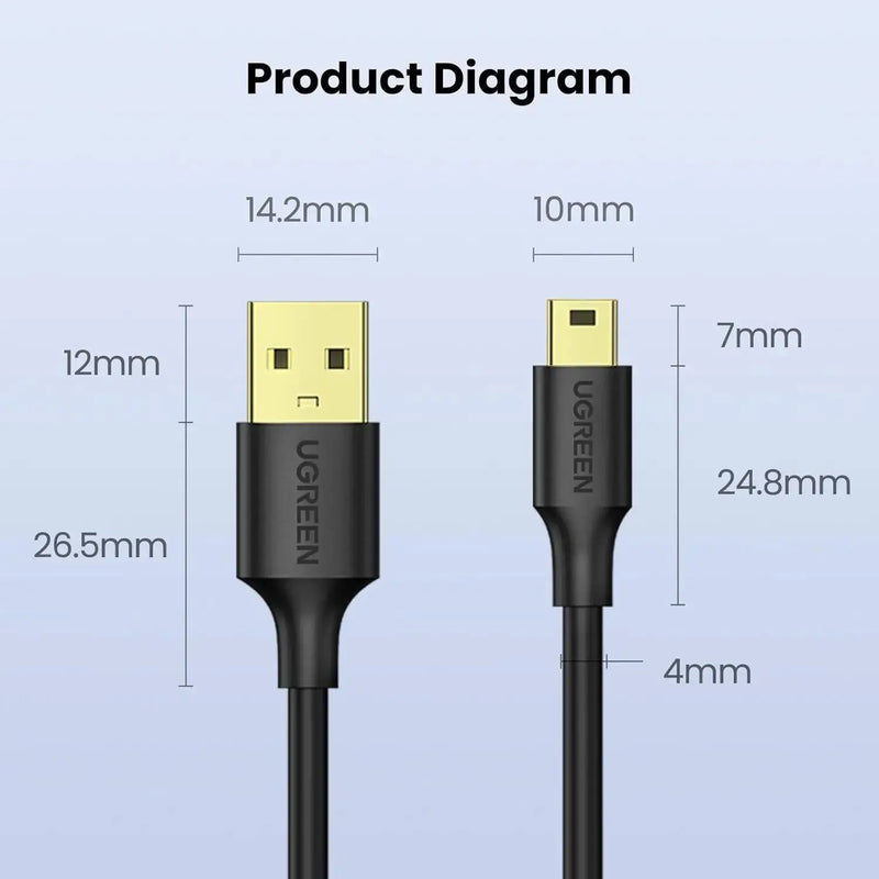 UGREEN USB 2.0 A to Mini B 5-Pin Cable 2M Fast Data Charging Hero 3+ Game Controller Digital Camera Dash Cam GPS (30472) Ugreen