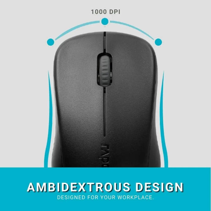 RAPOO 1620 Wireless Optical Mouse – Reliable 2.4GHz Wireless Connectivity, High-Precision 1000 DPI Sensor, Long Battery Life with Power Saving Mode, Ergonomic Ambidextrous Design, Nano USB Receiver, Black Rapoo