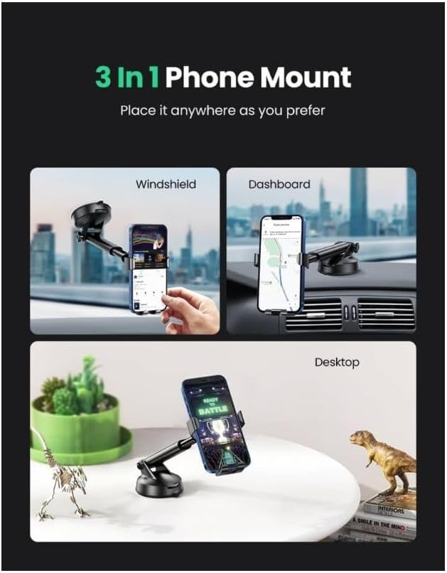 UGREEN LP200 60990B gravity suction cup car phone holder with telescopic arm 3-in-1 phone mount