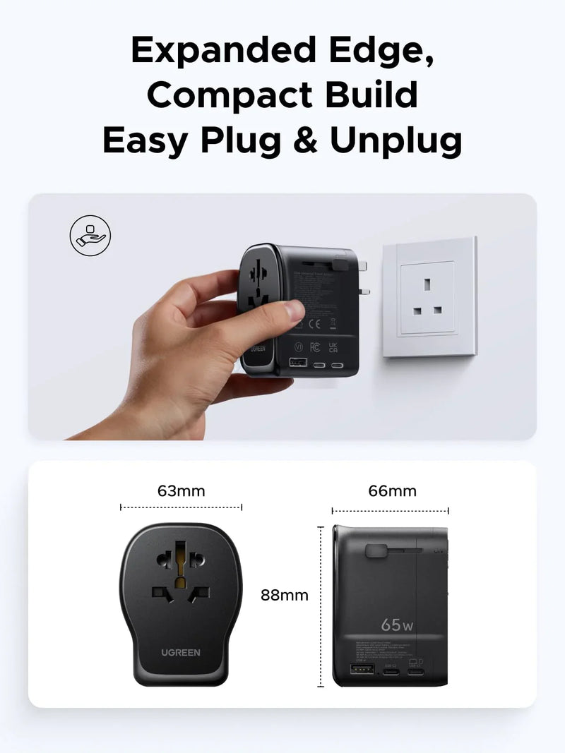 UGREEN 55001 65W GaN universal travel adapter compact build, easy plug and unplug