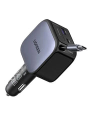 Ugreen 60W Nexode Fast Car Charger With Retractable Cable (1 USB-C 1USB-A) Tablets, Phones (55212B) TeckPot