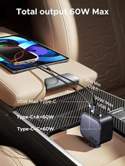 Ugreen 60W Nexode Fast Car Charger With Retractable Cable (1 USB-C 1USB-A) Tablets, Phones (55212B) TeckPot