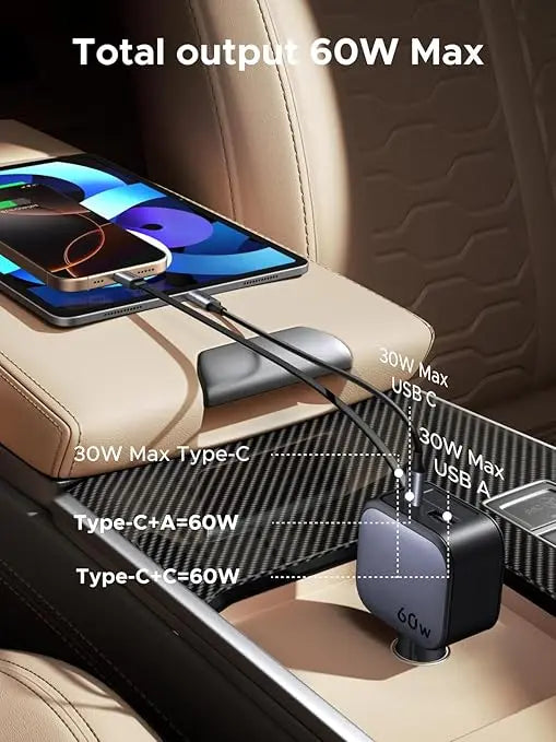Ugreen 60W Nexode Fast Car Charger With Retractable Cable (1 USB-C 1USB-A) Tablets, Phones (55212B) TeckPot