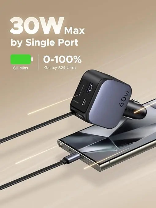 Ugreen 60W Nexode Fast Car Charger With Retractable Cable (1 USB-C 1USB-A) Tablets, Phones (55212B) TeckPot