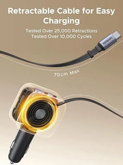 Ugreen 60W Nexode Fast Car Charger With Retractable Cable (1 USB-C 1USB-A) Tablets, Phones (55212B) TeckPot