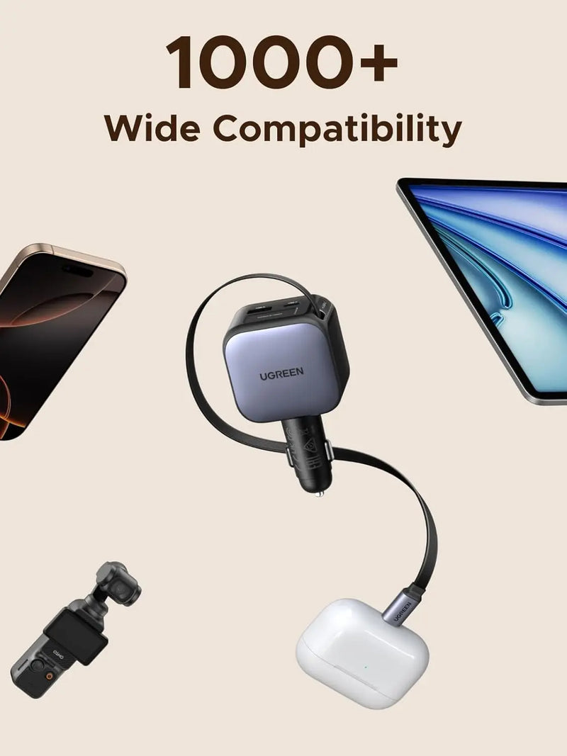 Ugreen 60W Nexode Fast Car Charger With Retractable Cable (1 USB-C 1USB-A) Tablets, Phones (55212B) TeckPot