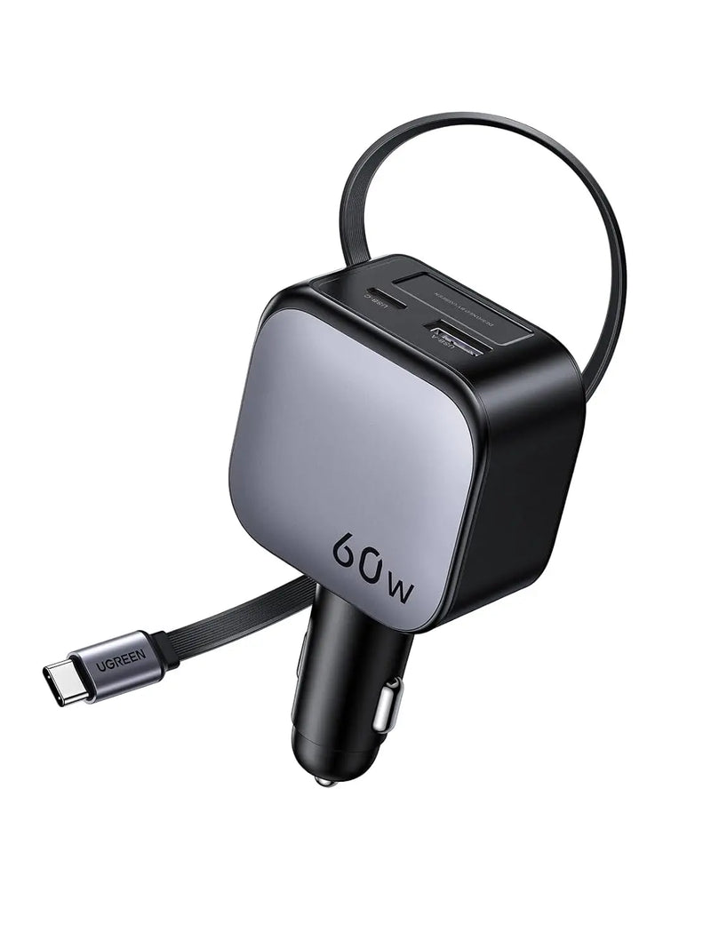 Ugreen 60W Nexode Fast Car Charger With Retractable Cable (1 USB-C 1USB-A) Tablets, Phones (55212B) TeckPot