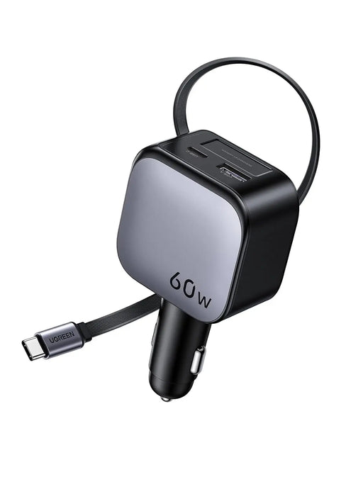 Ugreen 60W Nexode Fast Car Charger With Retractable Cable (1 USB-C 1USB-A) Tablets, Phones (55212B) TeckPot