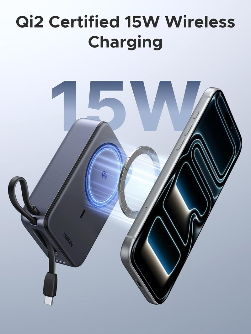 UGREEN Zapix 55450B 20000mAh Qi2 magnetic power bank with built-in cable Qi2 certified 15W wireless charging