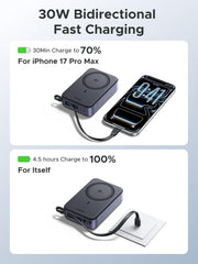 UGREEN Zapix 55450B 20000mAh Qi2 magnetic power bank with built-in cable 30W bidirectional fast charging