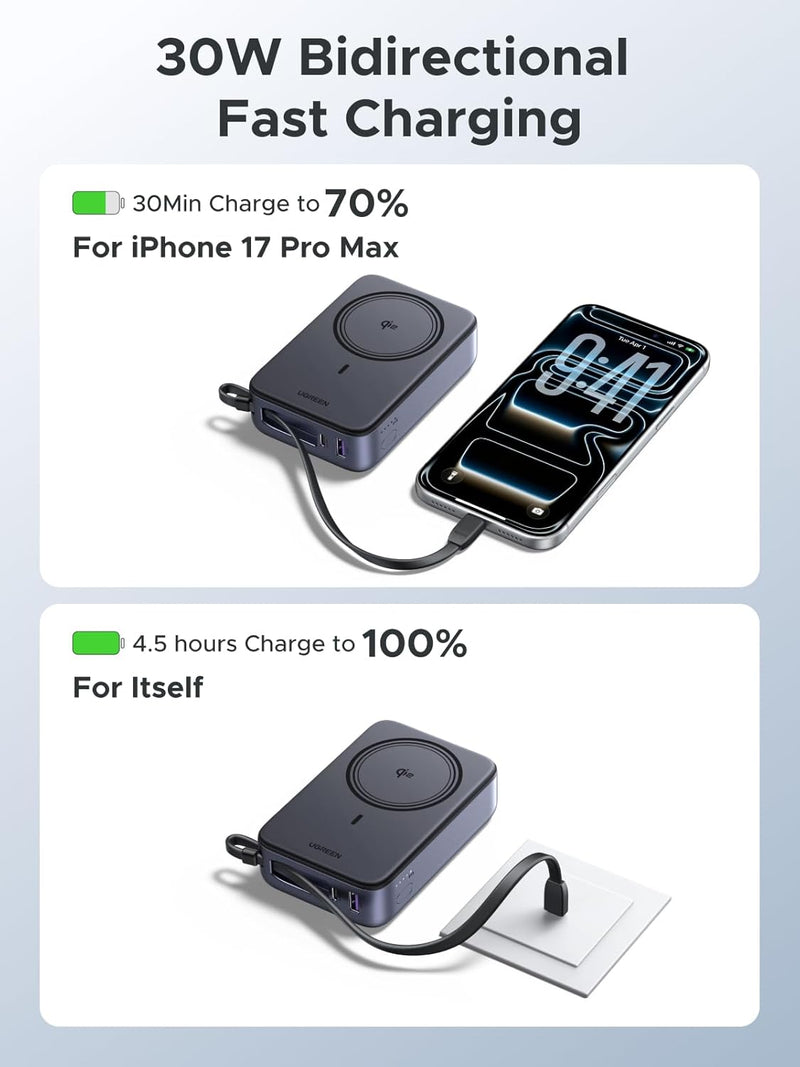 UGREEN Zapix 55450B 20000mAh Qi2 magnetic power bank with built-in cable 30W bidirectional fast charging
