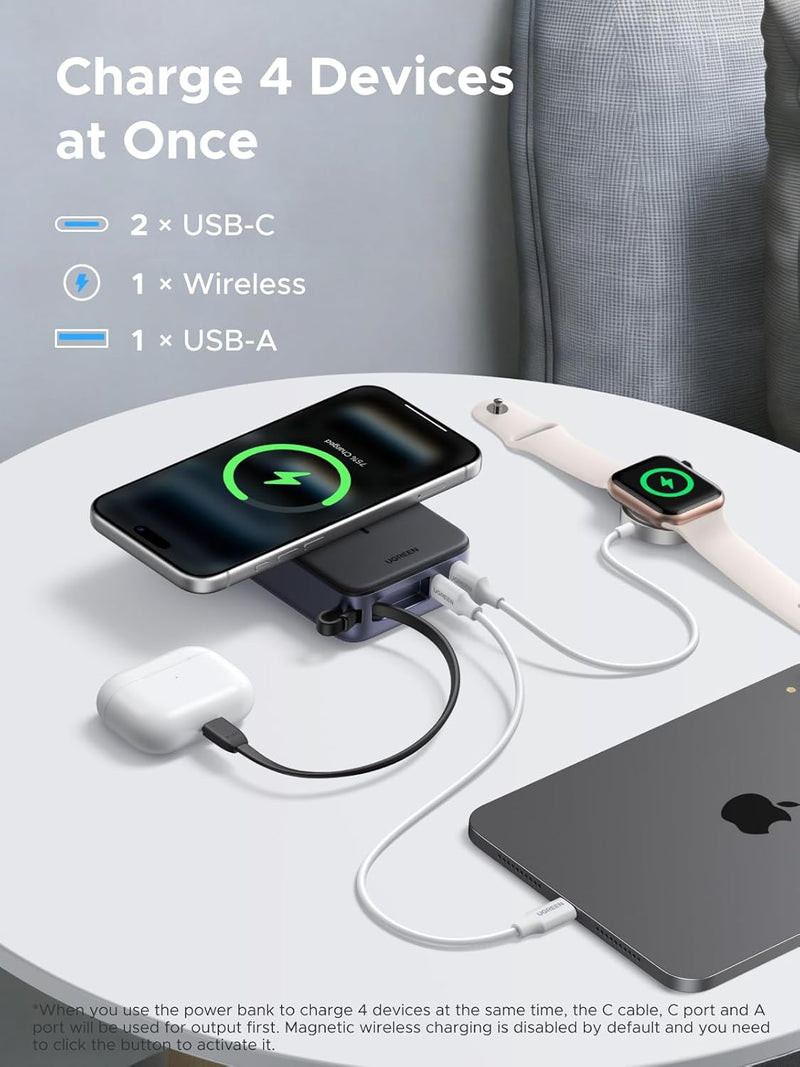 UGREEN Zapix 55450B 20000mAh Qi2 magnetic power bank with built-in cable charges four devices at once