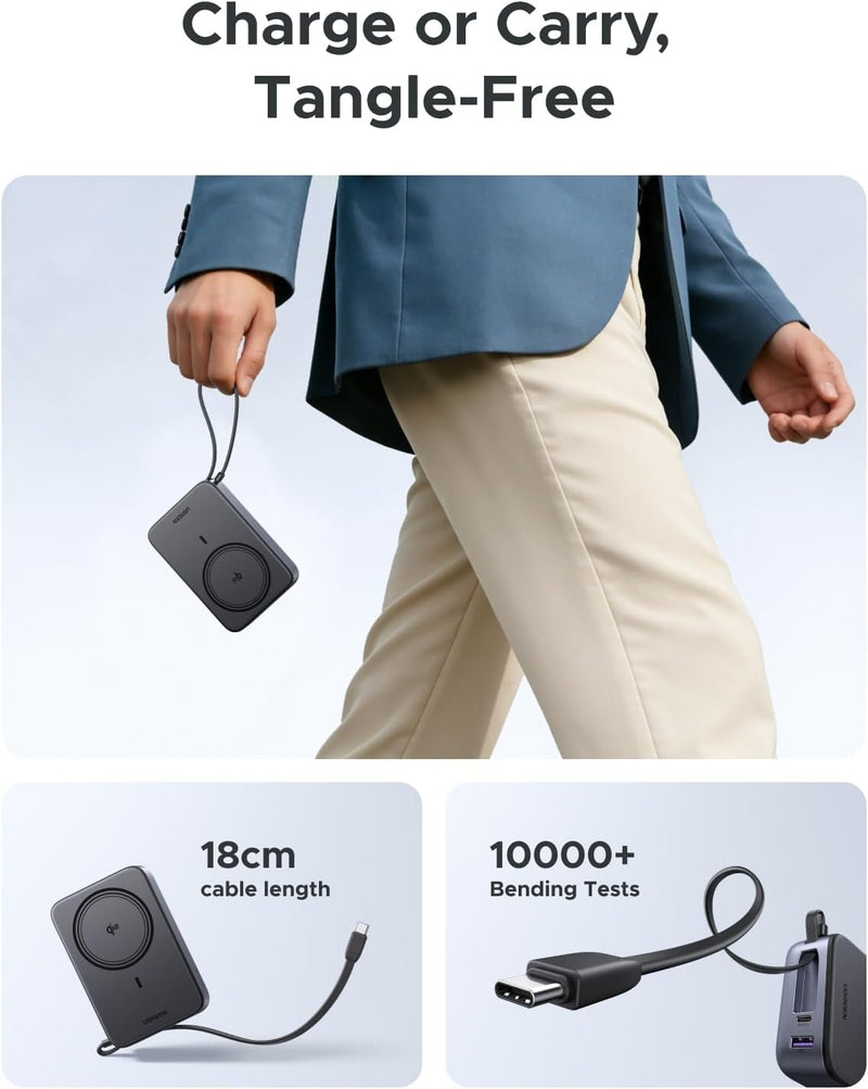 UGREEN Zapix 55450B 20000mAh Qi2 magnetic power bank with built-in cable charge or carry, tangle-free