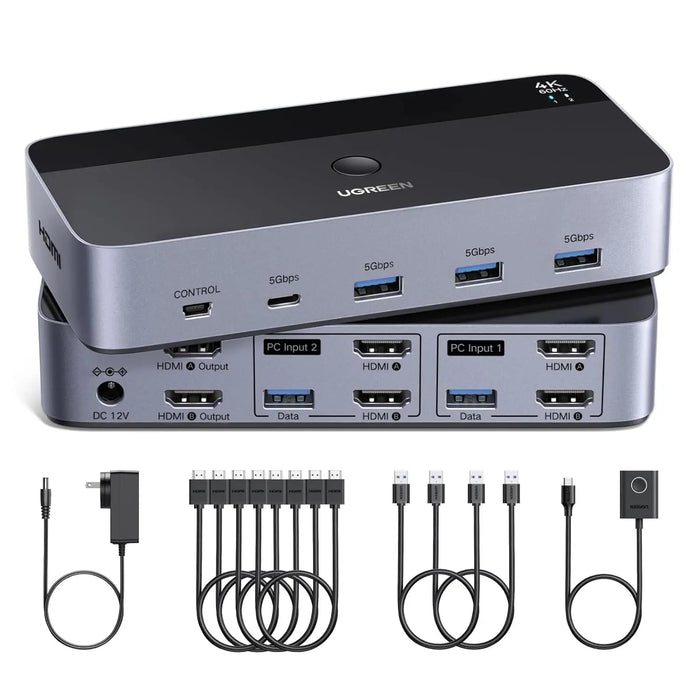 UGREEN KVM Switch Dual Monitor 2 PC to 2 Display 4K 60Hz USB 3.0 Computer Switcher Keyboard Mouse Share HDMI Hub (55455)