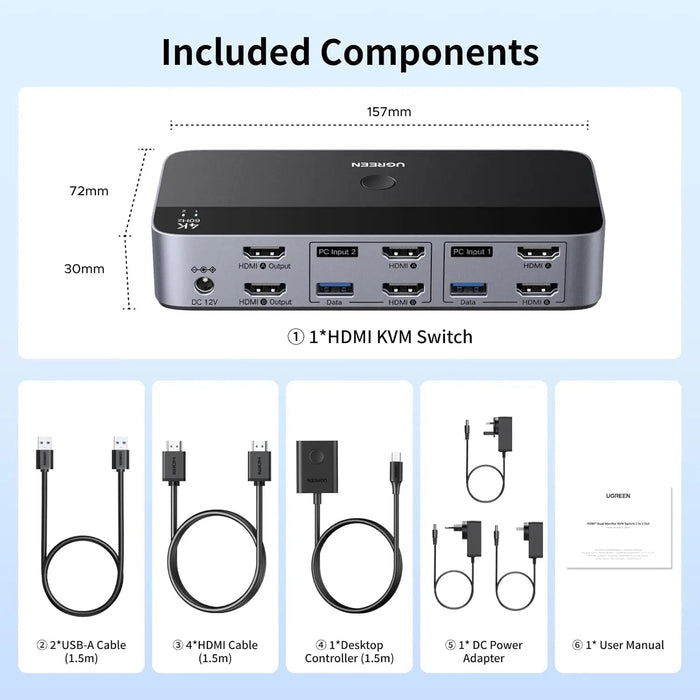 UGREEN KVM Switch Dual Monitor 2 PC to 2 Display 4K 60Hz USB 3.0 Computer Switcher Keyboard Mouse Share HDMI Hub (55455)
