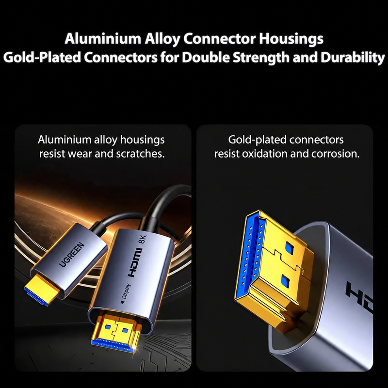 UGREEN HD183 aluminium connector and gold-plated HDMI plug details