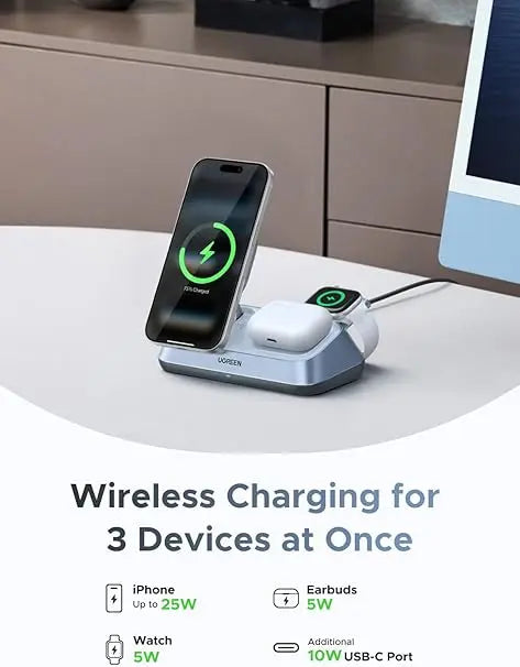 Ugreen 25W MagFlow 3-in-1 Magnetic Wireless Charger iPhone 12 and Later, AirPods 2 and Later, Apple Watch(55676) TeckPot