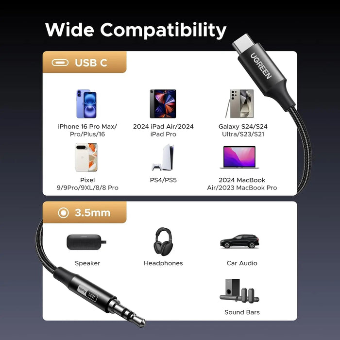 UGREEN USB-C to 3.5mm Audio Cable Hi-Res DAC Headphone Adapter iPhone 16/15 Android Type-C AUX Cord Music Cable (55734)