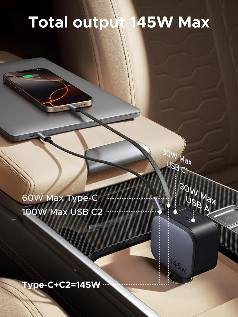 Ugreen 145W Nexode Fast Car Charger With Retractable Cable (2 USB-C, 1 USB-A) Laptops, Tablets, Phones (55910B) TeckPot