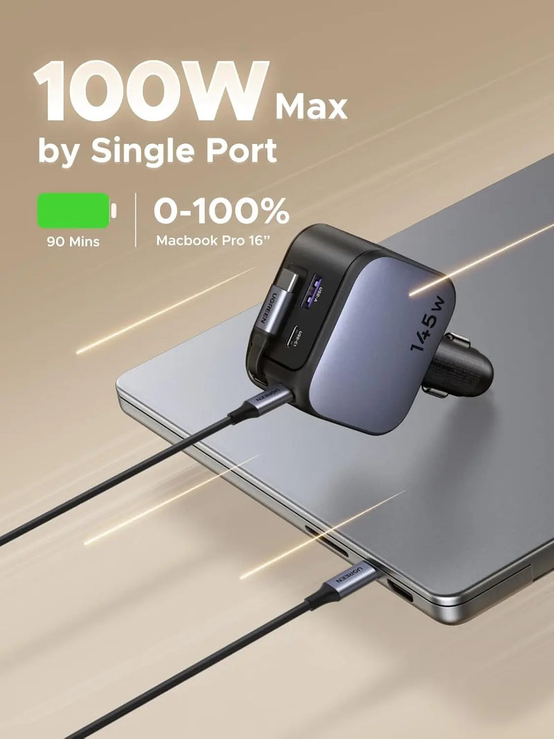 Ugreen 145W Nexode Fast Car Charger With Retractable Cable (2 USB-C, 1 USB-A) Laptops, Tablets, Phones (55910B) TeckPot