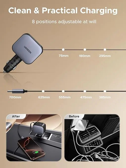 Ugreen 145W Nexode Fast Car Charger With Retractable Cable (2 USB-C, 1 USB-A) Laptops, Tablets, Phones (55910B) TeckPot