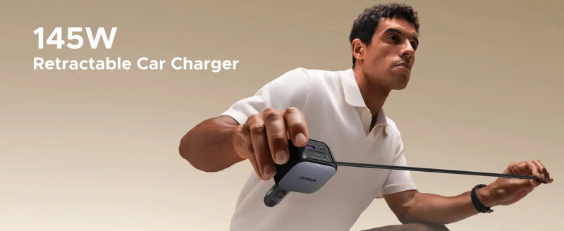 Ugreen 145W Nexode Fast Car Charger With Retractable Cable (2 USB-C, 1 USB-A) Laptops, Tablets, Phones (55910B) TeckPot