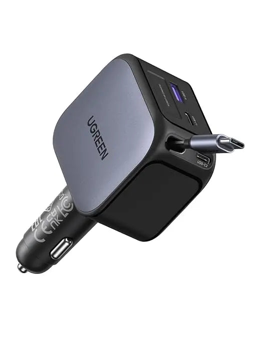 Ugreen 145W Nexode Fast Car Charger With Retractable Cable (2 USB-C, 1 USB-A) Laptops, Tablets, Phones (55910B) TeckPot
