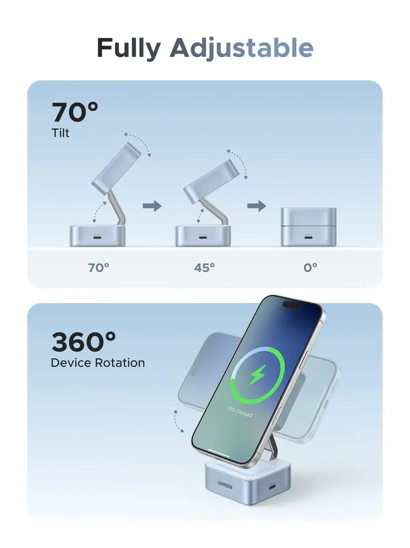Ugreen 25W  MagFlow 2-in-1 Magnetic Wireless Charger Foldable and Portable iPhone 12 and Later/Air Pods 2 and Later(55960B) TeckPot