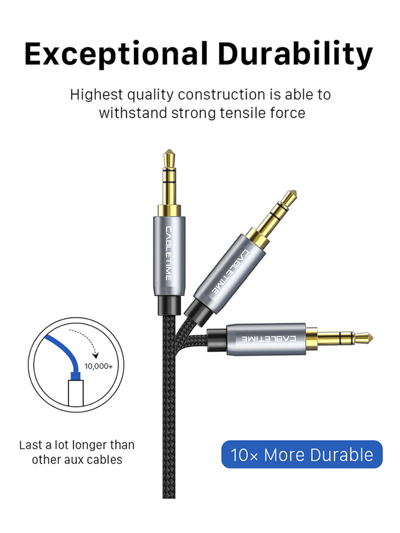 CABLETIME 3.5mm Male-to-Male Stereo AUX Cable with 90° Right-Angle Plug, Gold-Plated Connectors & Nylon Braid – 1m to 5m