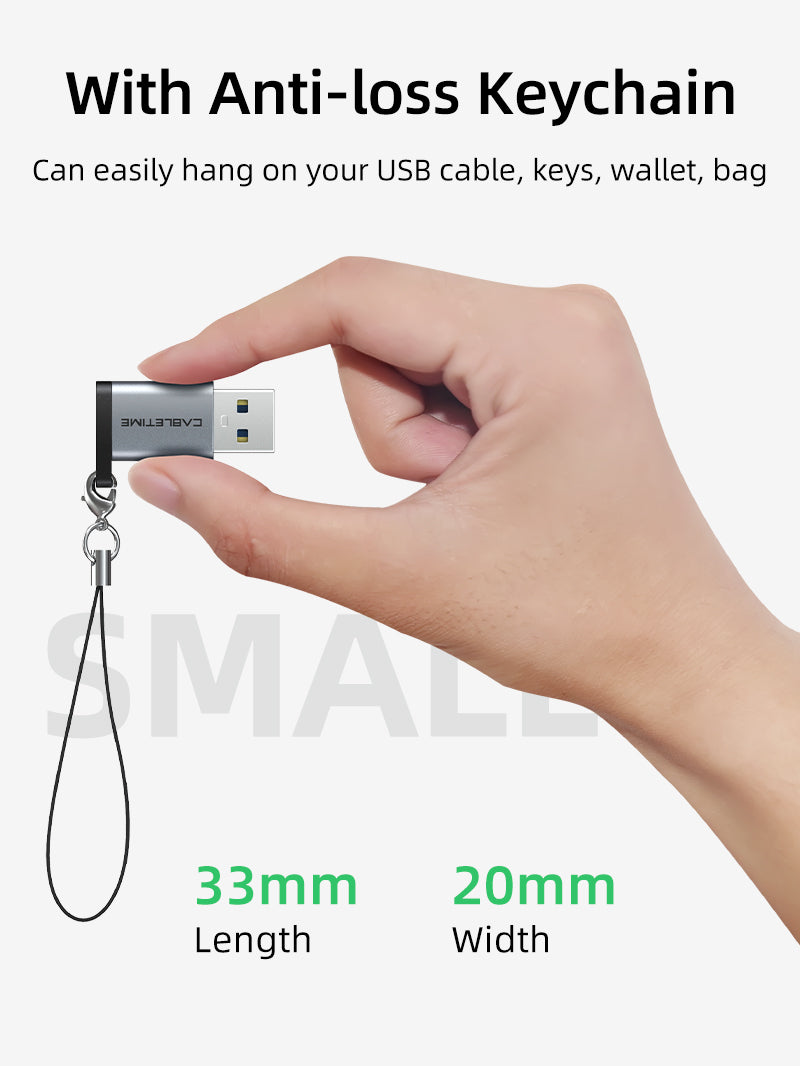 CABLETIME USB-A Male to USB-C Female OTG Adapter with Lanyard, 5Gbps