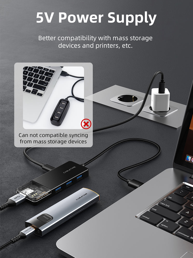 CABLETIME 4-Port USB-A 3.0 Hub SuperSpeed 5Gbps with USB-C Power Supply | CT-HUBT1-PB / CT-HUBT2-PB