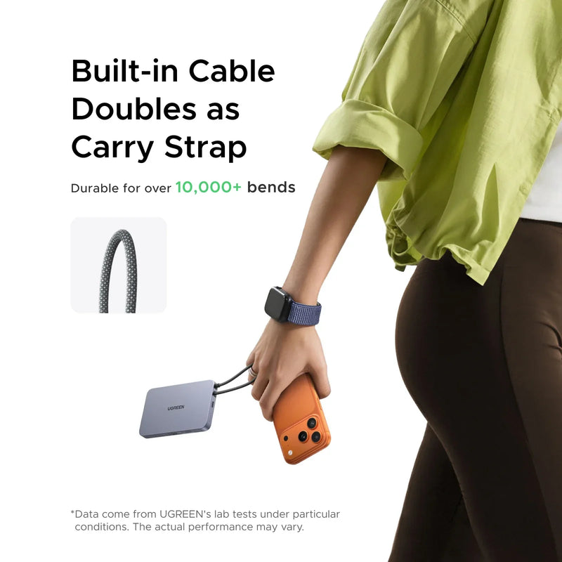 UGREEN MagFlow Air 65839B 10000mAh Qi2 magnetic power bank, starlight blue, built-in cable doubles as a carry strap