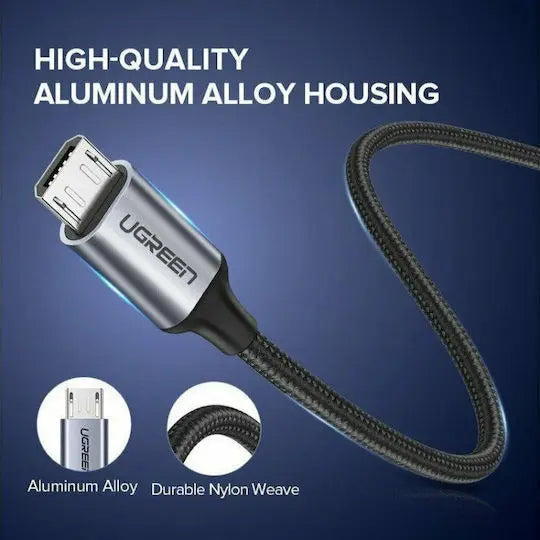 UGREEN USB 2.0 A to Micro USB Cable 0.25m Nickel Plated Aluminum Braid Fast Charge Data Sync Smartphone Tablet (60144)