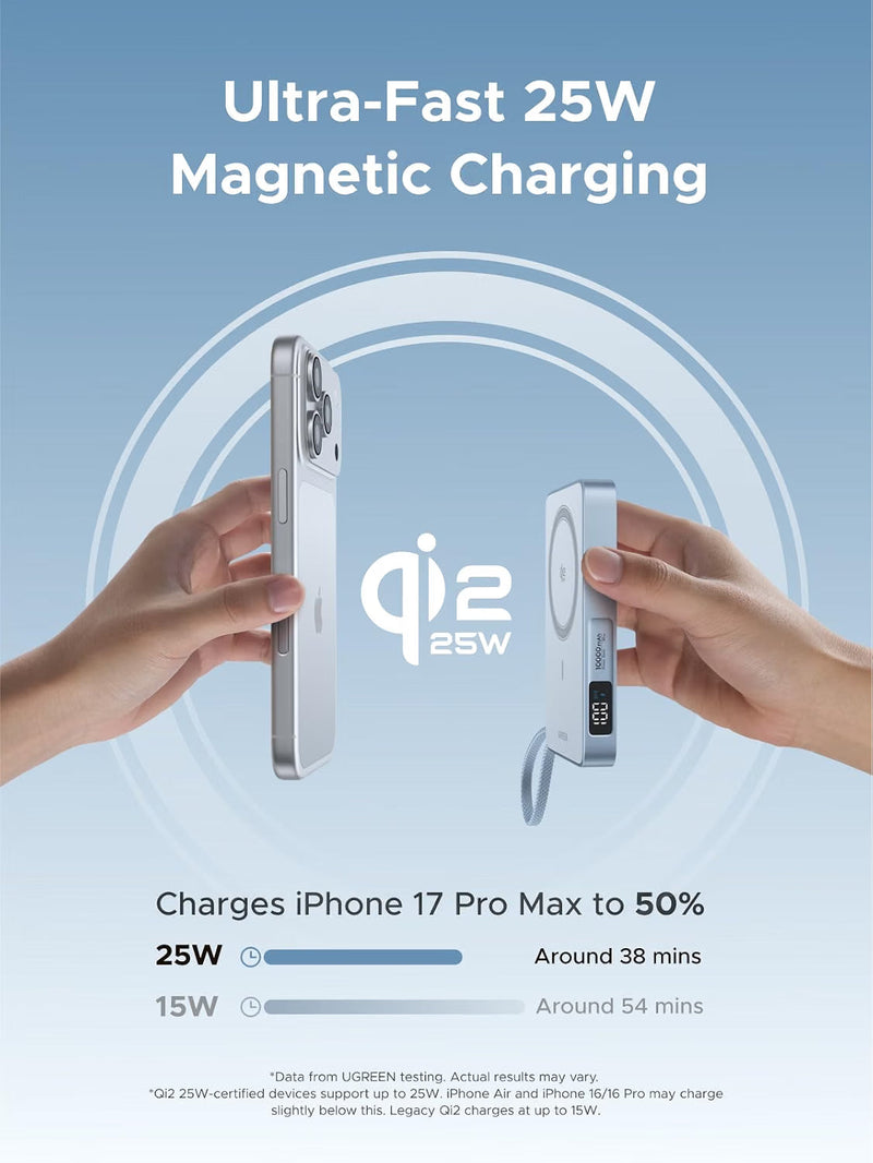 UGREEN MagFlow 65958B 10000mAh Qi2 25W magnetic power bank with built-in cable ultra-fast 25W magnetic charging
