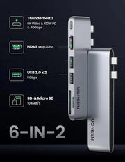 UGREEN 6-in-1 USB C Hub Adapter MacBook Pro Air M1 4K HDMI Thunderbolt 3 100W Power Delivery SD TF Card 2 USB 3.0 (80856) Ugreen