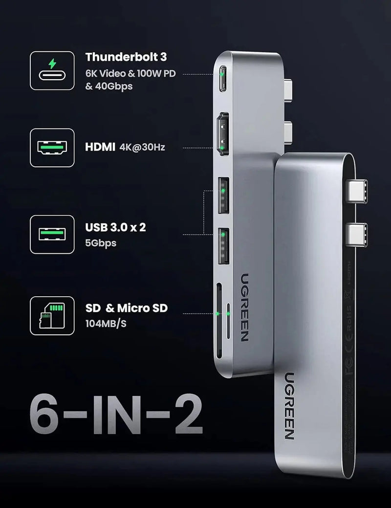 UGREEN 6-in-1 USB C Hub Adapter MacBook Pro Air M1 4K HDMI Thunderbolt 3 100W Power Delivery SD TF Card 2 USB 3.0 (80856) Ugreen