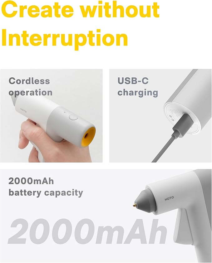 HOTO Lithium Glue Gun, Cordless Rechargeable Hot Melt Glue Gun with Fast Heating & Precision Nozzle | DIY, Crafts & Home Repair Tool (HTE0003GL / QWRJQ001)