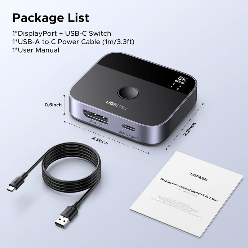 UGREEN 65878 DP and USB-C to DisplayPort switch, 8K60, package list