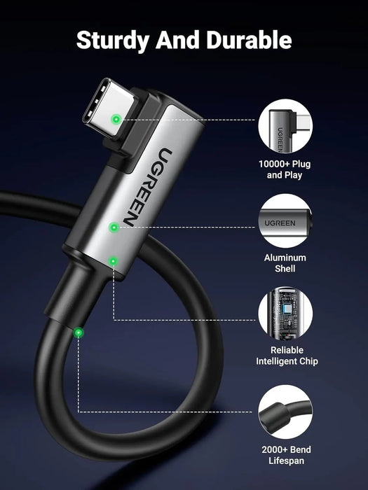 UGREEN Right Angle USB 3.0 Type C Cable 5M 60W VR Link Headset Oculus Quest 2 Pico 4 PC Steam VR Gaming Fast (90629)