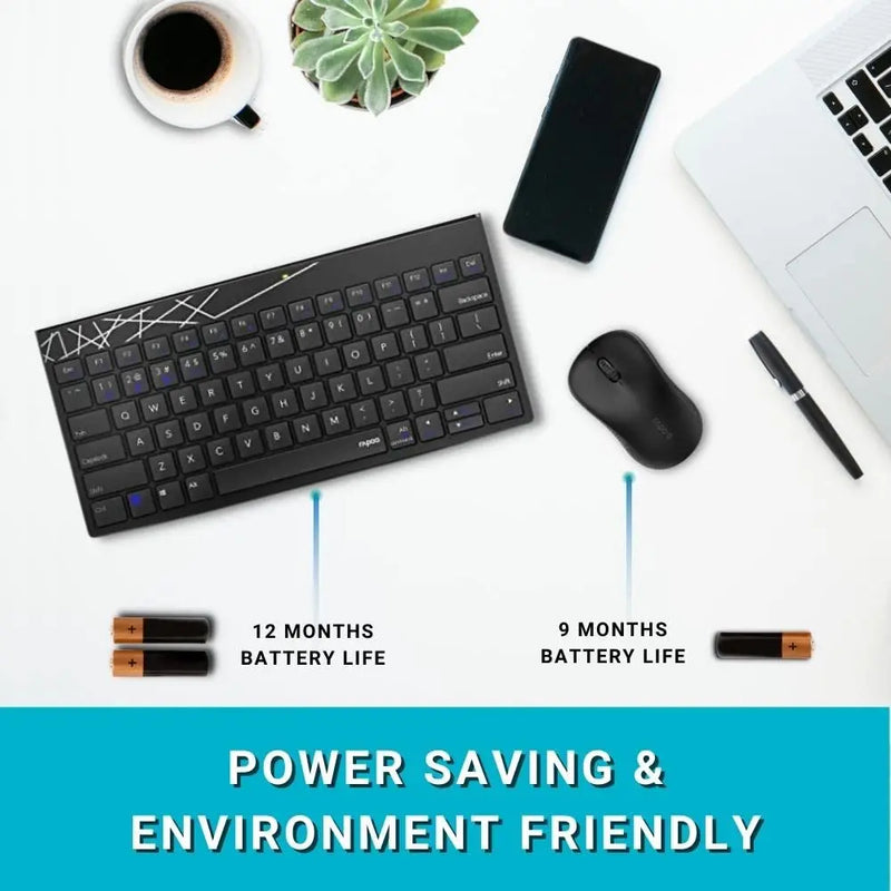 RAPOO 8000M Multi-Mode Keyboard & Mouse Bluetooth 3.0/4.0 Wireless 2.4 GHz 1300 DPI Combo-Black Rapoo
